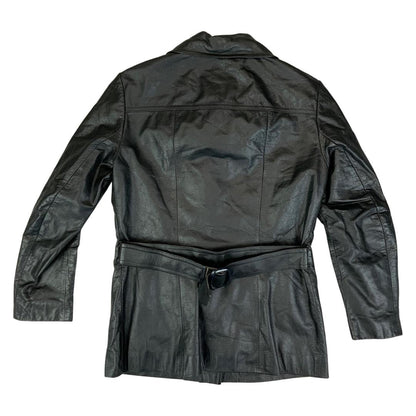 LADIES VTG 70s SOFT BLACK LEATHER BUTTON DOWN JACKET BIG COLLARS MOD SIZE 8/10