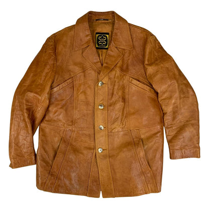 VTG 70s TAN SOFT LEATHER LEATHER BUTTON DOWN JACKET BIG COLLARS MOD DISCO 41” M