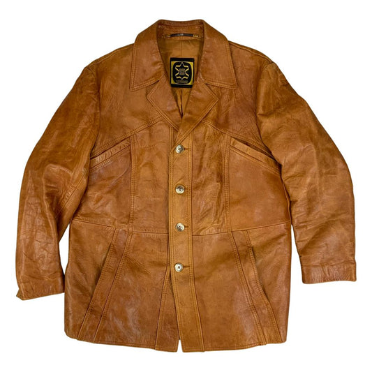 VTG 70s TAN SOFT LEATHER LEATHER BUTTON DOWN JACKET BIG COLLARS MOD DISCO 41” M