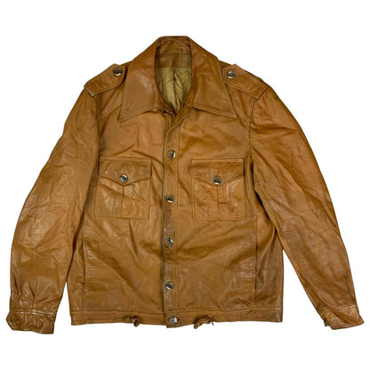 VTG 70s TAN SOFT LEATHER SAFARI STYLE LEATHER JACKET BIG COLLARS MOD DISCO 38” S
