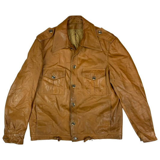 VTG 70s TAN SOFT LEATHER SAFARI STYLE LEATHER JACKET BIG COLLARS MOD DISCO 38” S