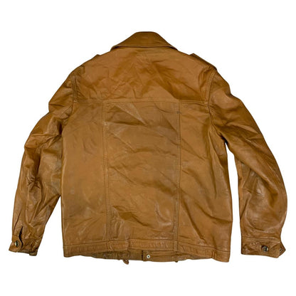 VTG 70s TAN SOFT LEATHER SAFARI STYLE LEATHER JACKET BIG COLLARS MOD DISCO 38” S