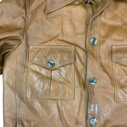 VTG 70s TAN SOFT LEATHER SAFARI STYLE LEATHER JACKET BIG COLLARS MOD DISCO 38” S
