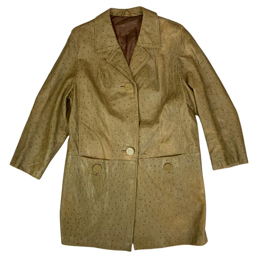 RARE VTG 1960s LADIES OSTRICH SKIN LEATHER COAT GREEN BEIGE MOD VGC SIZE 12 - 14