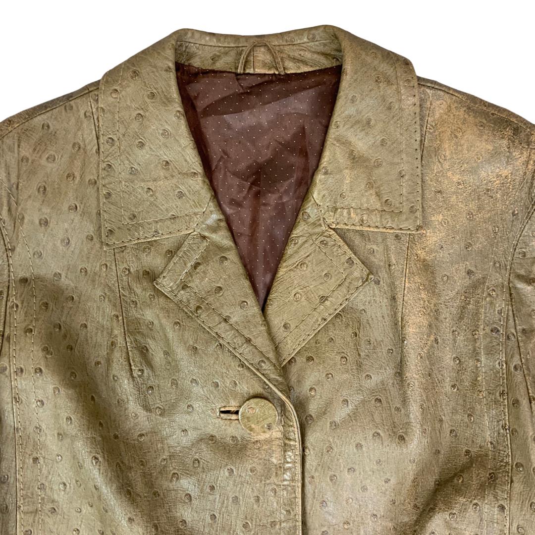 RARE VTG 1960s LADIES OSTRICH SKIN LEATHER COAT GREEN BEIGE MOD VGC SIZE 12 - 14