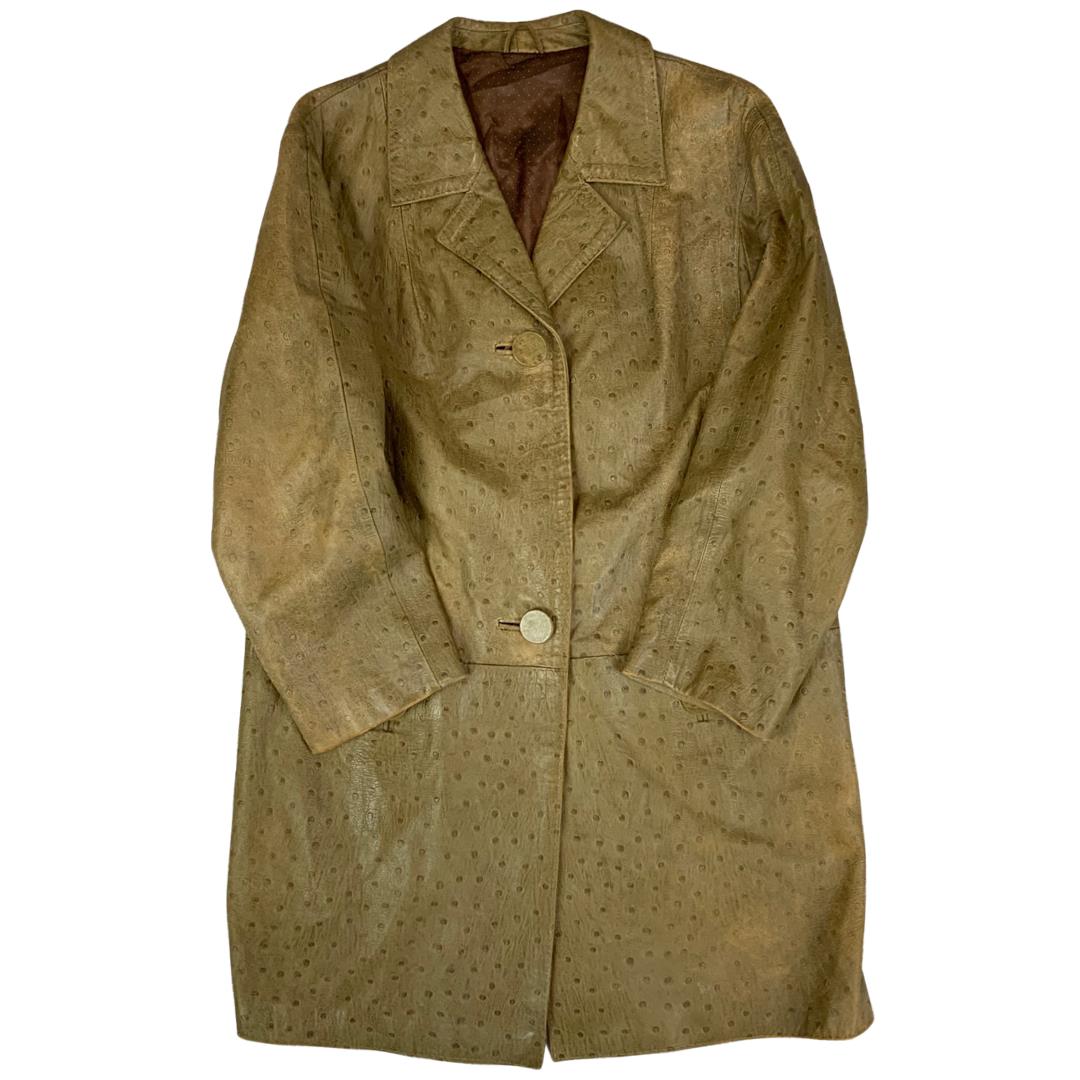 RARE VTG 1960s LADIES OSTRICH SKIN LEATHER COAT GREEN BEIGE MOD VGC SIZE 12 - 14