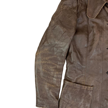 LADIES VTG 70s SOFT BROWN LEATHER JACKET BIG PENNY ROUND COLLARS MOD SIZE 8