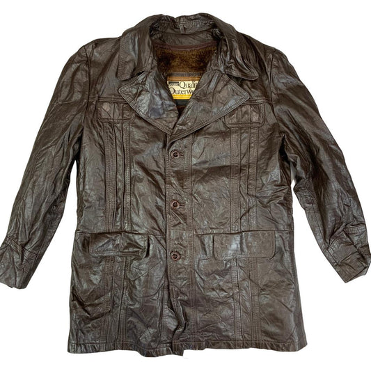 VTG 70s MONTGOMERY WARD SHERPA LINED BROWN LEATHER WESTERN JACKET COAT MOD 40” M