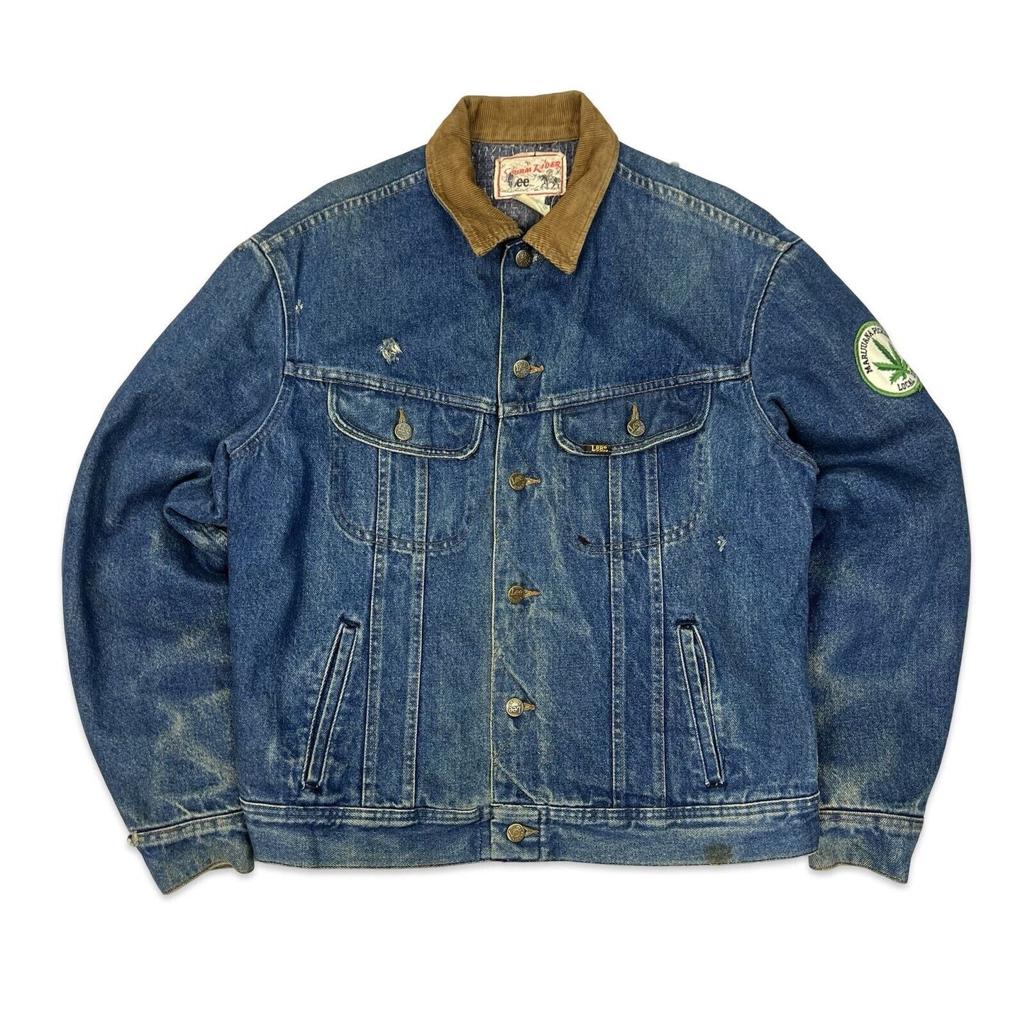 VTG 80S LEE STORM RIDER LINED DENIM JACKET V RARE 70s MARIJUANA PATCH  L 42”