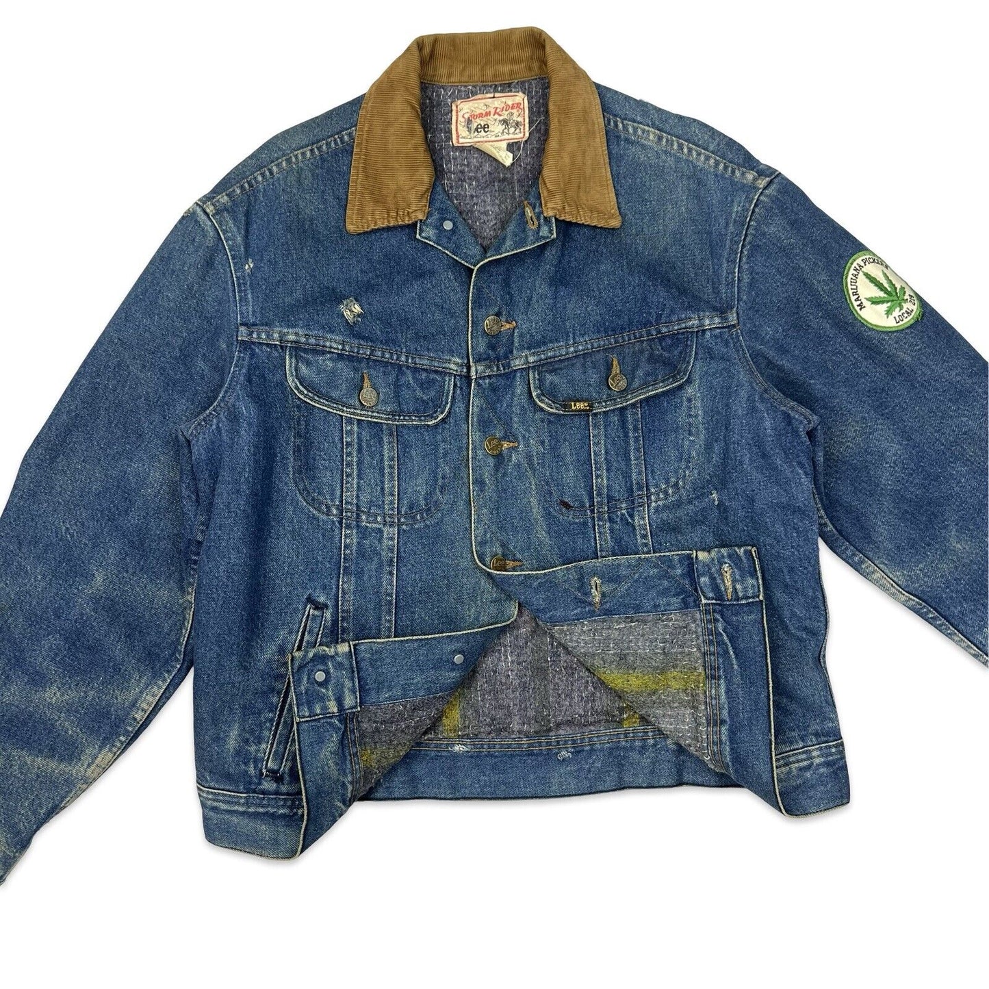 VTG 80S LEE STORM RIDER LINED DENIM JACKET V RARE 70s MARIJUANA PATCH  L 42”