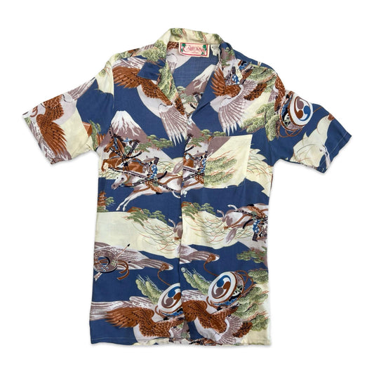 VTG CALIFORNIA MADMAN HAWAIIAN ALOHA SHIRT 40s 50s TIKI ROCKABILLY XS 32”