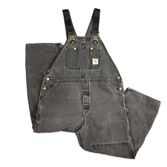 VTG USA CARHARTT FADED BLACK DUCK CANVAS DUNGAREES OVERALLS ROCKABILLY 39 W 28 L