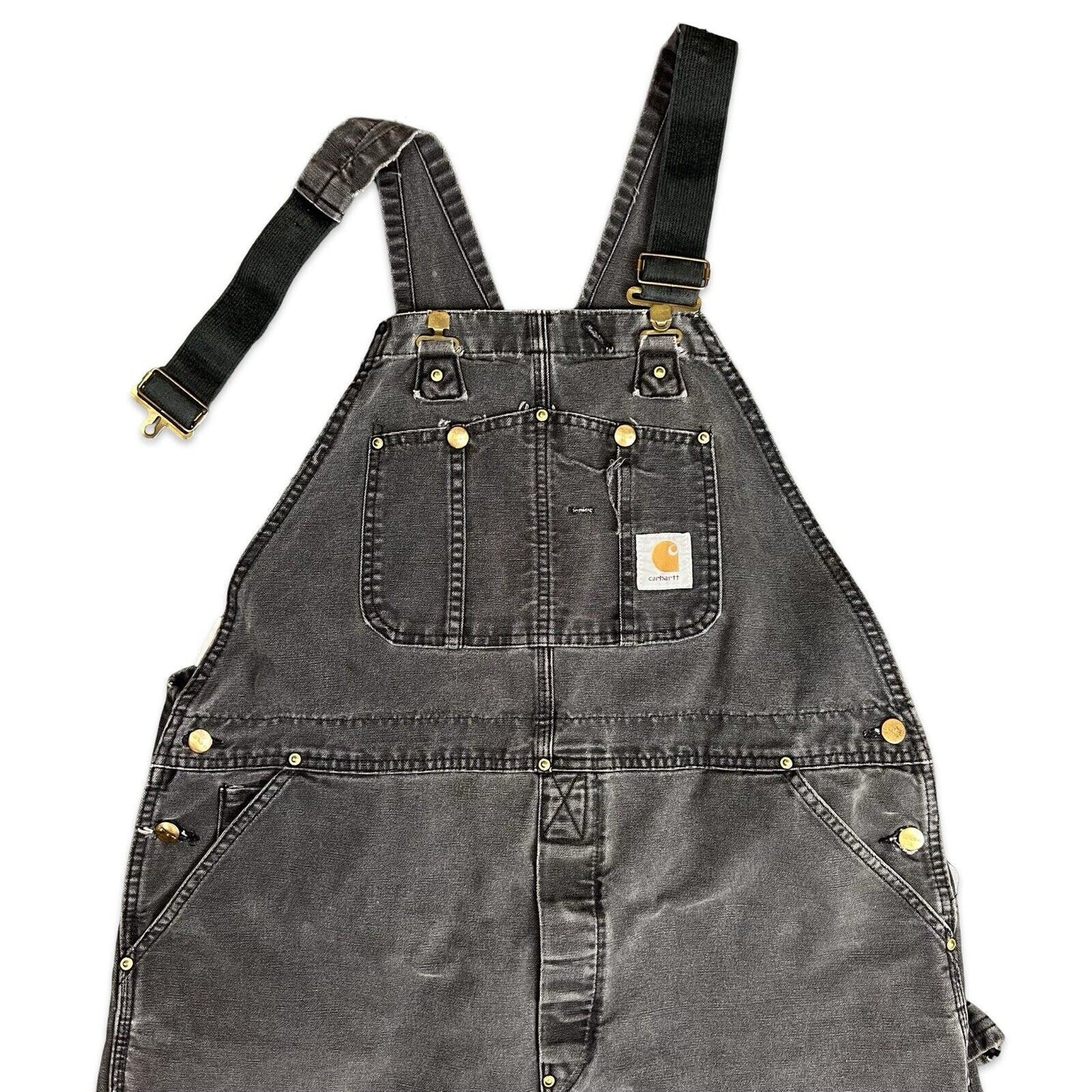VTG USA CARHARTT FADED BLACK DUCK CANVAS DUNGAREES OVERALLS ROCKABILLY 39 W 28 L