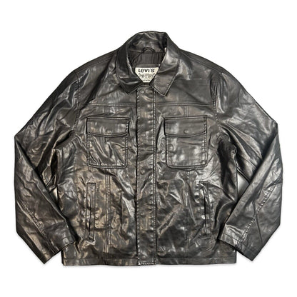 VTG STYLE LEVIS BLACK SOFT LEATHER JACKET LINED 4 POCKET BUTTON DOWN L 42”