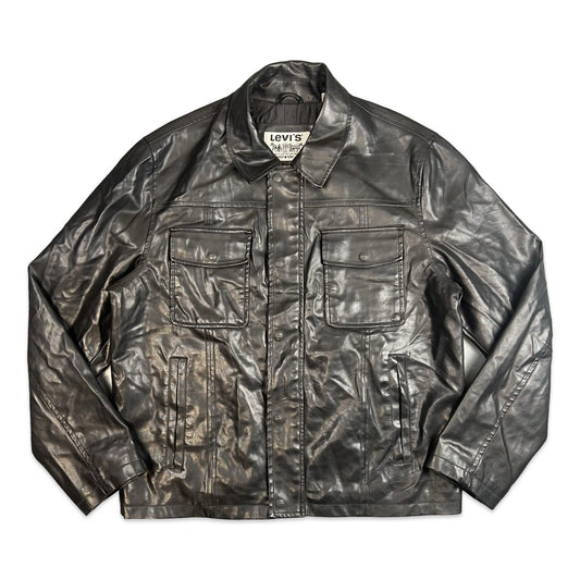 VTG STYLE LEVIS BLACK SOFT LEATHER JACKET LINED 4 POCKET BUTTON DOWN L 42”