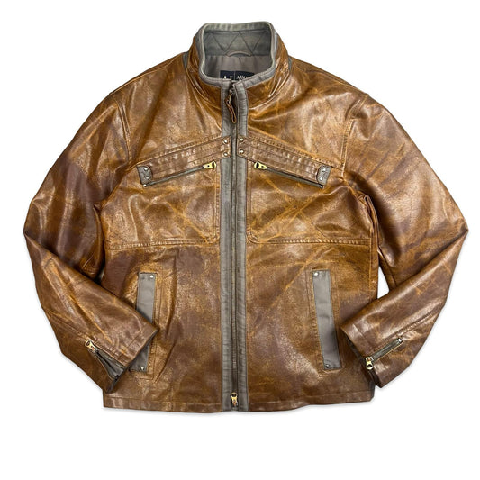 VTG 90s ARMANI JEANS BROWN FAUX LEATHER JACKET  WOOL BLANKET LINED M 40”