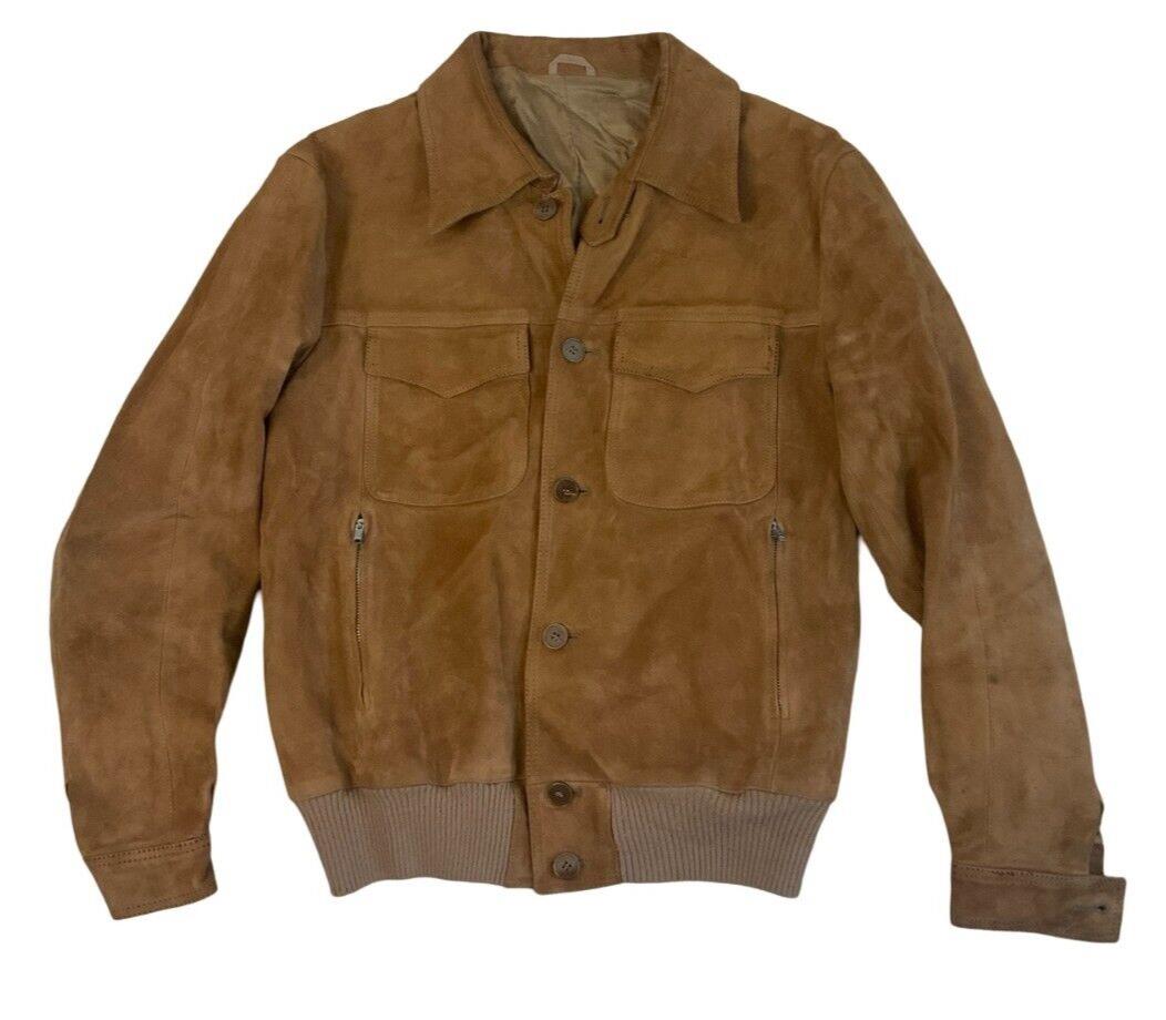VTG 1970s SOFT SUEDE TAN WESTERN BOMBER JACKET  BUTTON DOWN BIG COLLARS MOD S 38