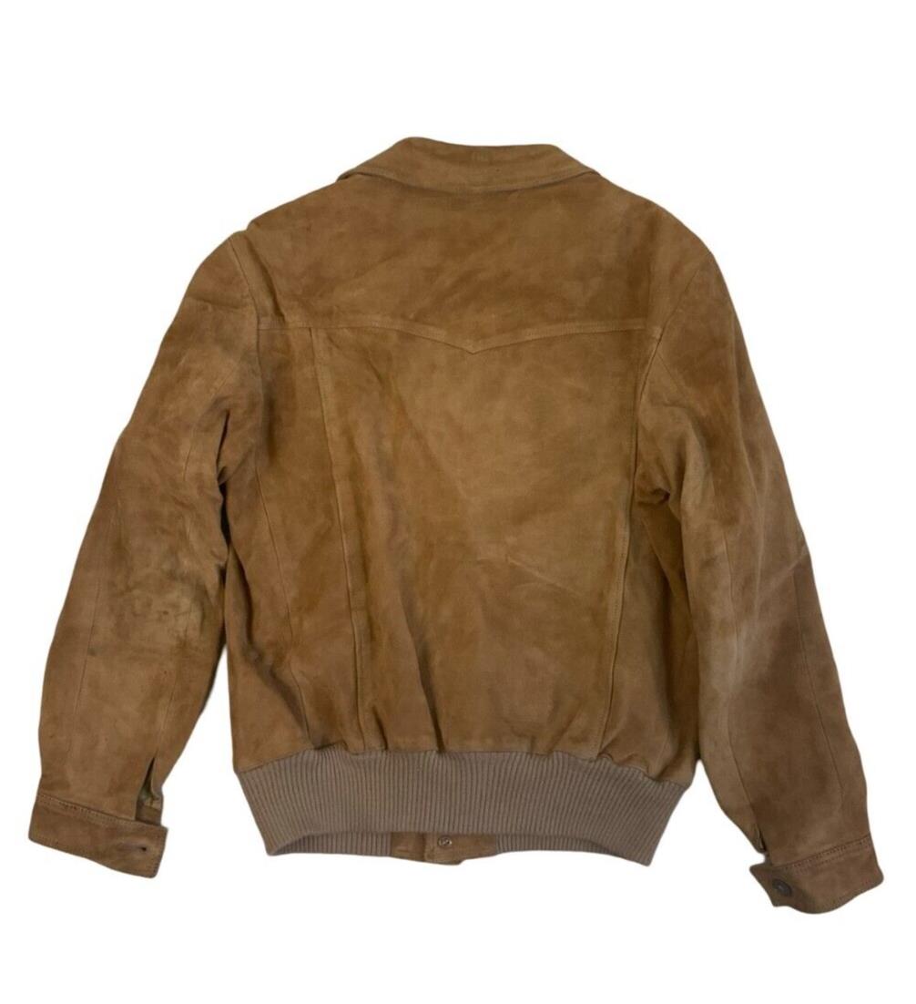VTG 1970s SOFT SUEDE TAN WESTERN BOMBER JACKET  BUTTON DOWN BIG COLLARS MOD S 38