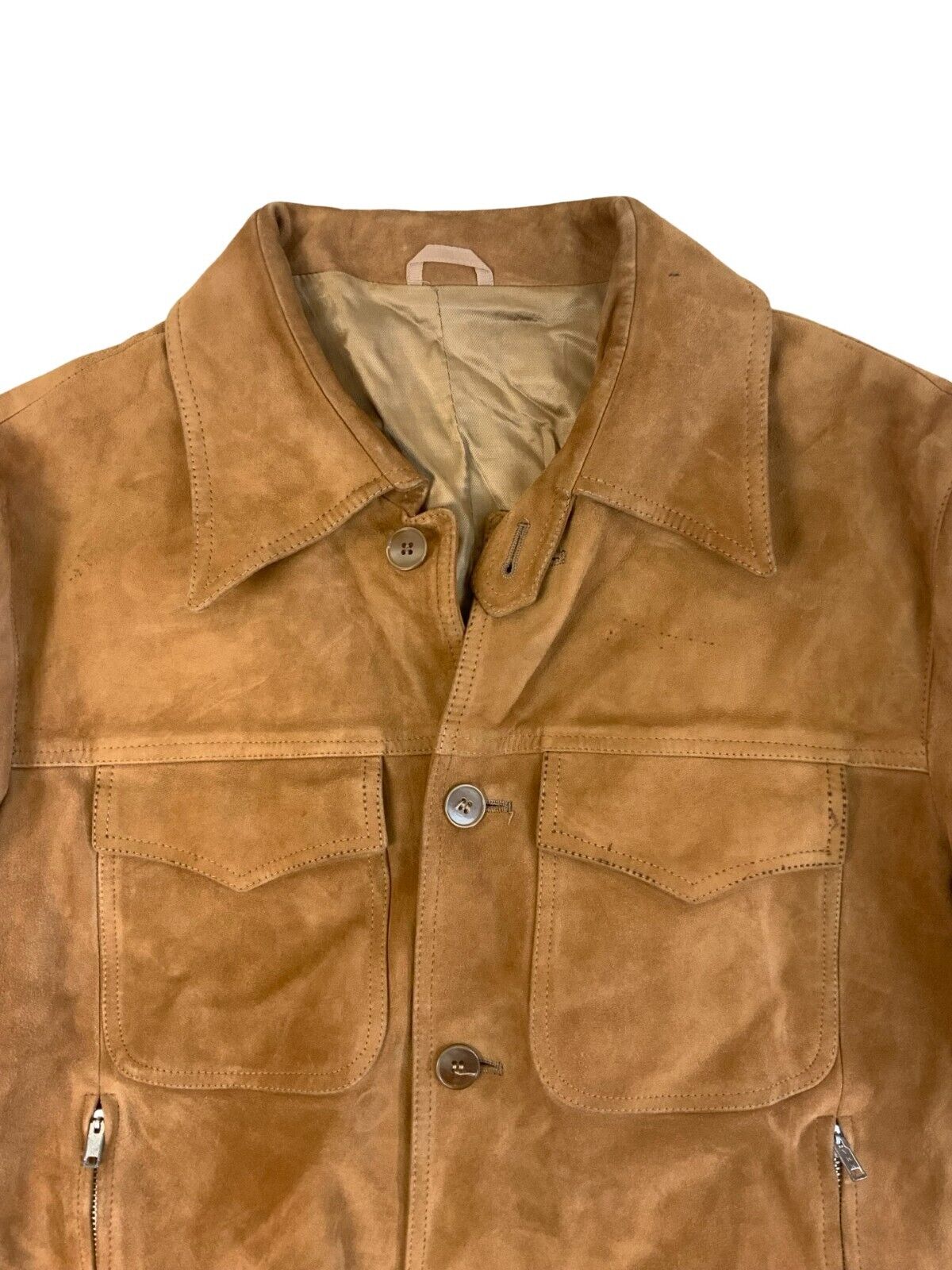 VTG 1970s SOFT SUEDE TAN WESTERN BOMBER JACKET  BUTTON DOWN BIG COLLARS MOD S 38