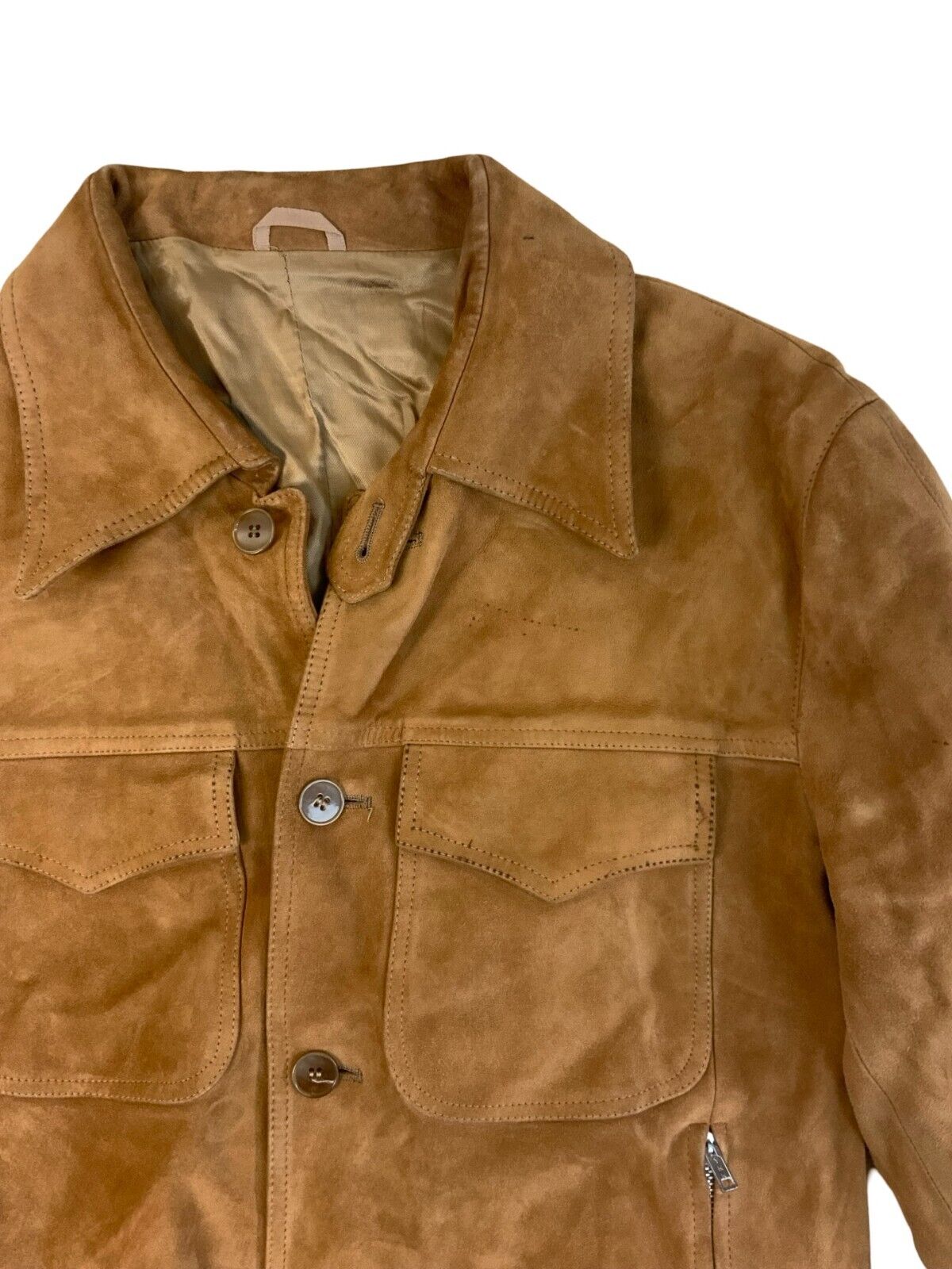 VTG 1970s SOFT SUEDE TAN WESTERN BOMBER JACKET  BUTTON DOWN BIG COLLARS MOD S 38