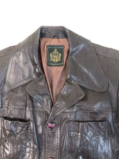 VTG 1970s V COOL LEATHER JACKET BLAZER LARGE ROUND COLLARS DISCO 4 POCKET L 42”
