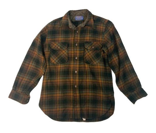 VTG 1970s USA PENDLETON BROWN PLAID VIRGIN WOOL SHIRT ROCKABILLY HOT ROD S 38”