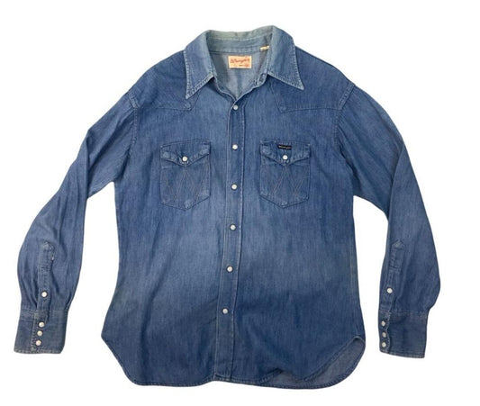 VTG EARLY 70S WRANGLER DENIM PEARL SNAP WESTERN SHIRT SINGLESTITCH TAILORED L 42