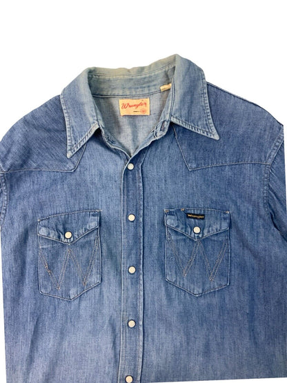 VTG EARLY 70S WRANGLER DENIM PEARL SNAP WESTERN SHIRT SINGLESTITCH TAILORED L 42