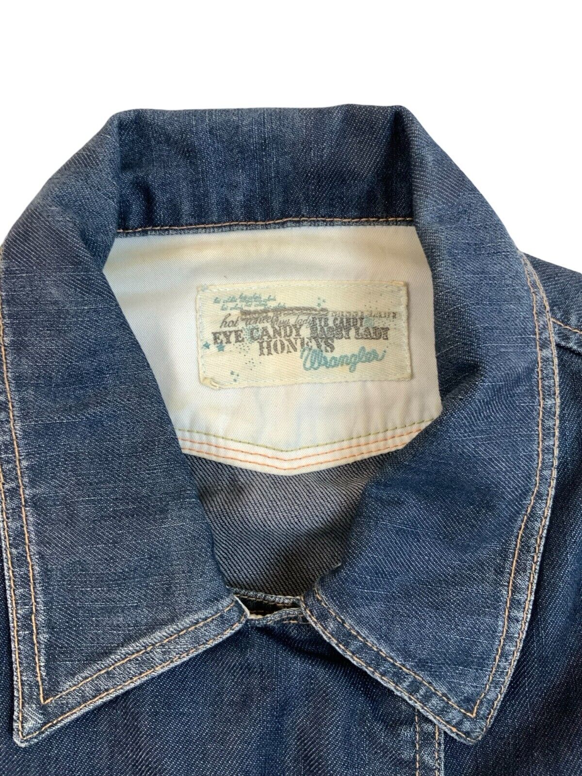 LADIES WRANGLER EYE CANDY SASSY LADY WESTERN DENIM JACKET DOUBLE BREASTED xS 34
