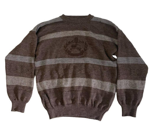 VTG 80s STRIPED BURBERRYS STRIPED CREW NECK KNIT JUMPER BROWN GREY SIZE L