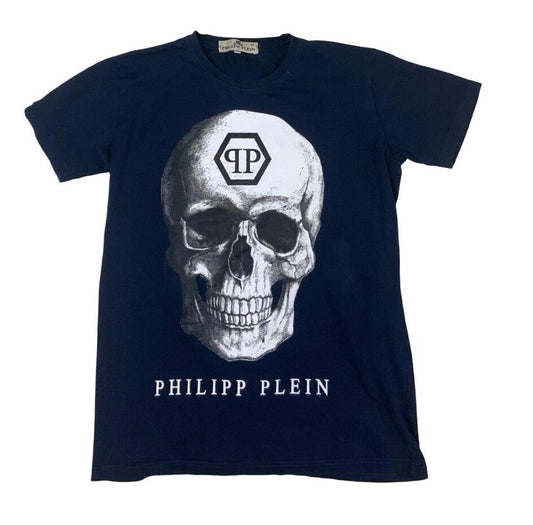 PHILIPP PLEIN GRAPHIC SKULL PRINT T SHIRT NAVY BLUE SIZE S