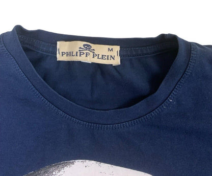 PHILIPP PLEIN GRAPHIC SKULL PRINT T SHIRT NAVY BLUE SIZE S