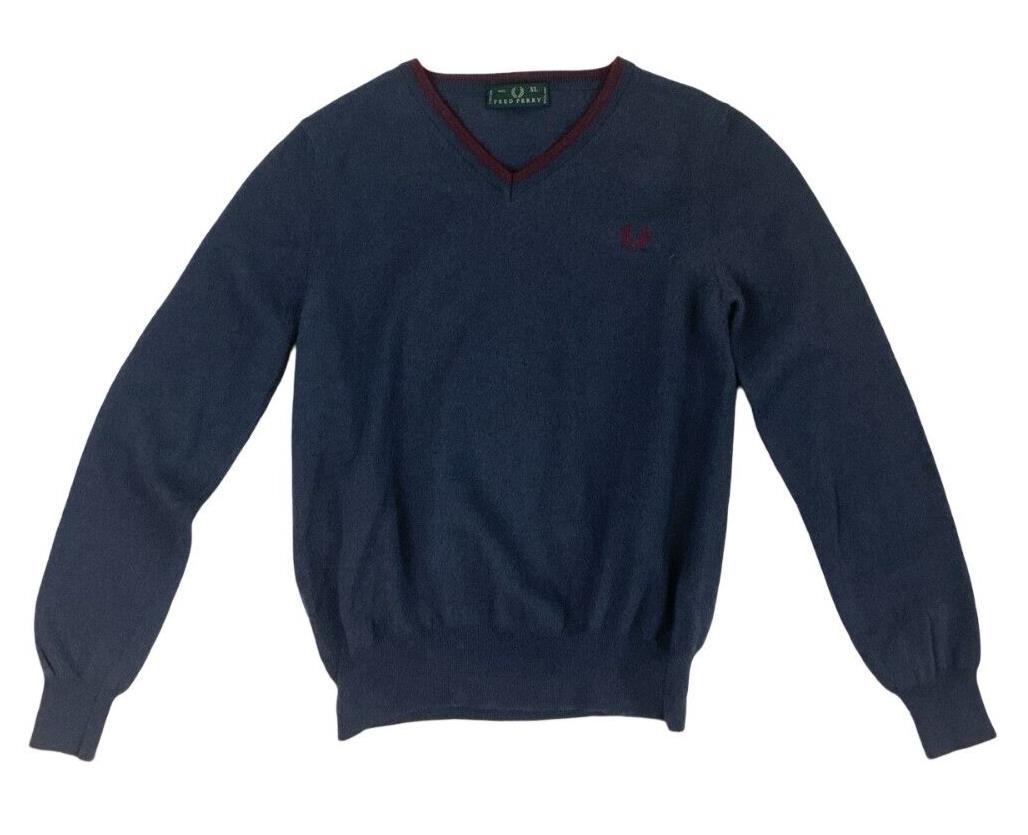 VTG 70s FRED PERRY WOOLLEN V NECK JUMPER CHARCOAL GREY BLUE SIZE S