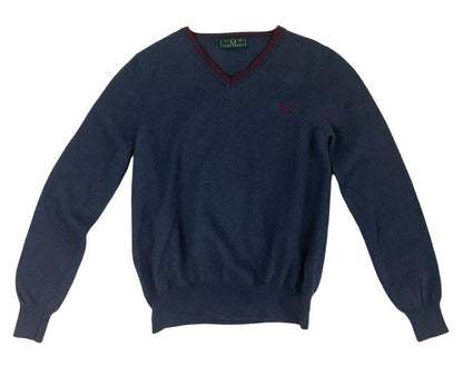 VTG 70s FRED PERRY WOOLLEN V NECK JUMPER CHARCOAL GREY BLUE SIZE S