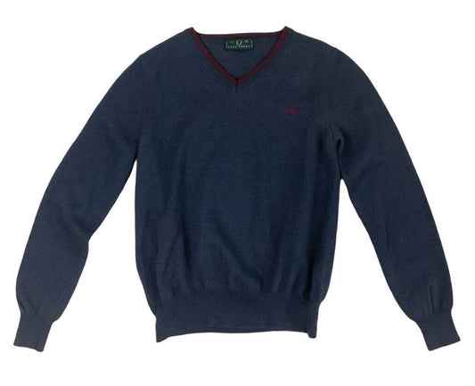 VTG 70s FRED PERRY WOOLLEN V NECK JUMPER CHARCOAL GREY BLUE SIZE S