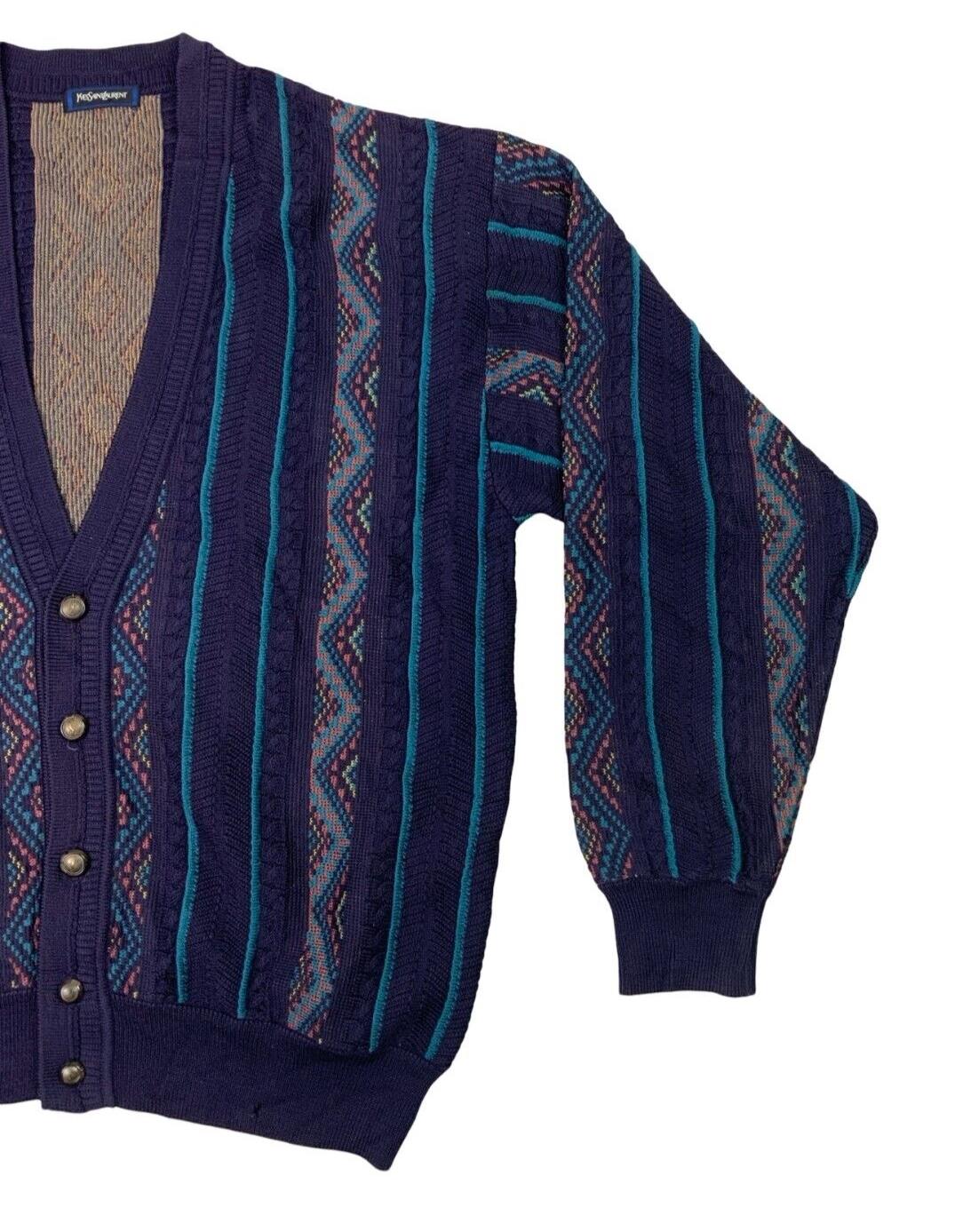 VTG 90s YVES SAINT LAURENT PURPLE BLUE V NECK CARDIGAN SIZE L