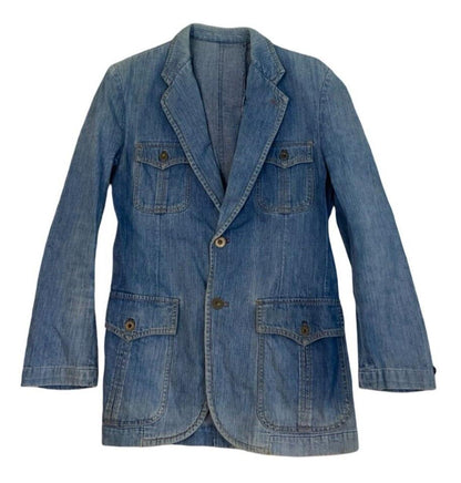 VTG 70s WRANGLER EQUIPMENTS MILITAIRES DENIM BLAZER TUXEDO JACKET VGC XS 34”