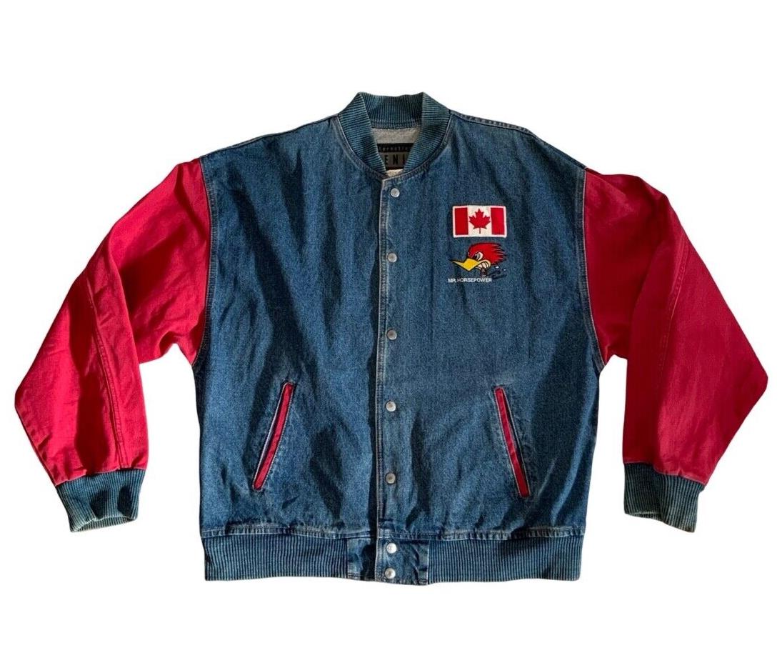 VTG 80s CLAY SMITH CAMS DENIM VARSITY JACKET HOT ROD DRAG RACING L-XL