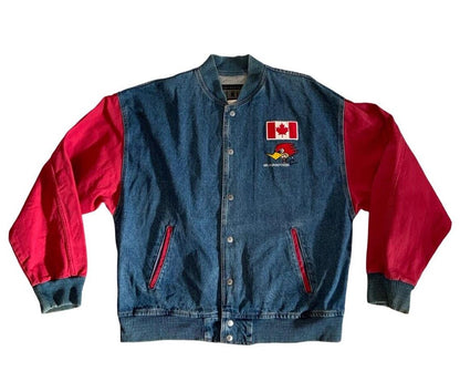 VTG 80s CLAY SMITH CAMS DENIM VARSITY JACKET HOT ROD DRAG RACING L-XL
