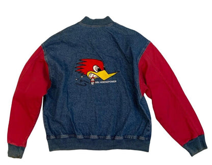 VTG 80s CLAY SMITH CAMS DENIM VARSITY JACKET HOT ROD DRAG RACING L-XL