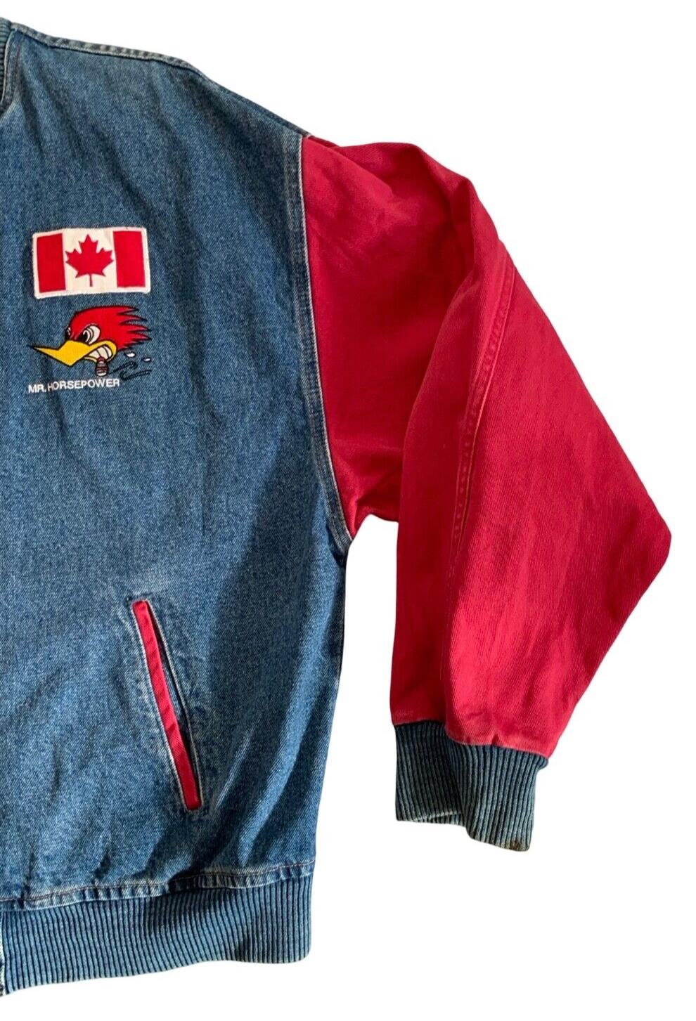 VTG 80s CLAY SMITH CAMS DENIM VARSITY JACKET HOT ROD DRAG RACING L-XL