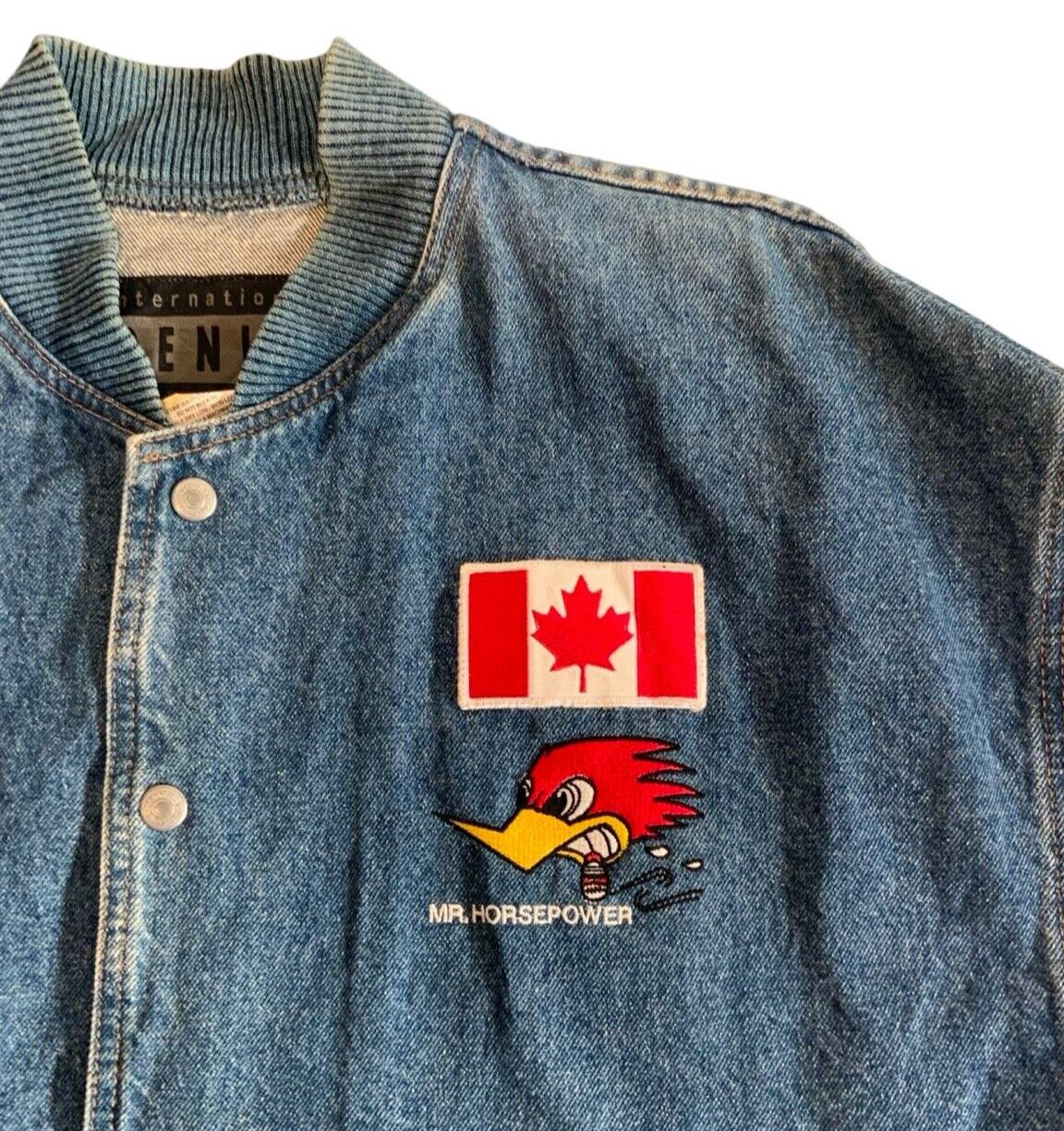 VTG 80s CLAY SMITH CAMS DENIM VARSITY JACKET HOT ROD DRAG RACING L-XL