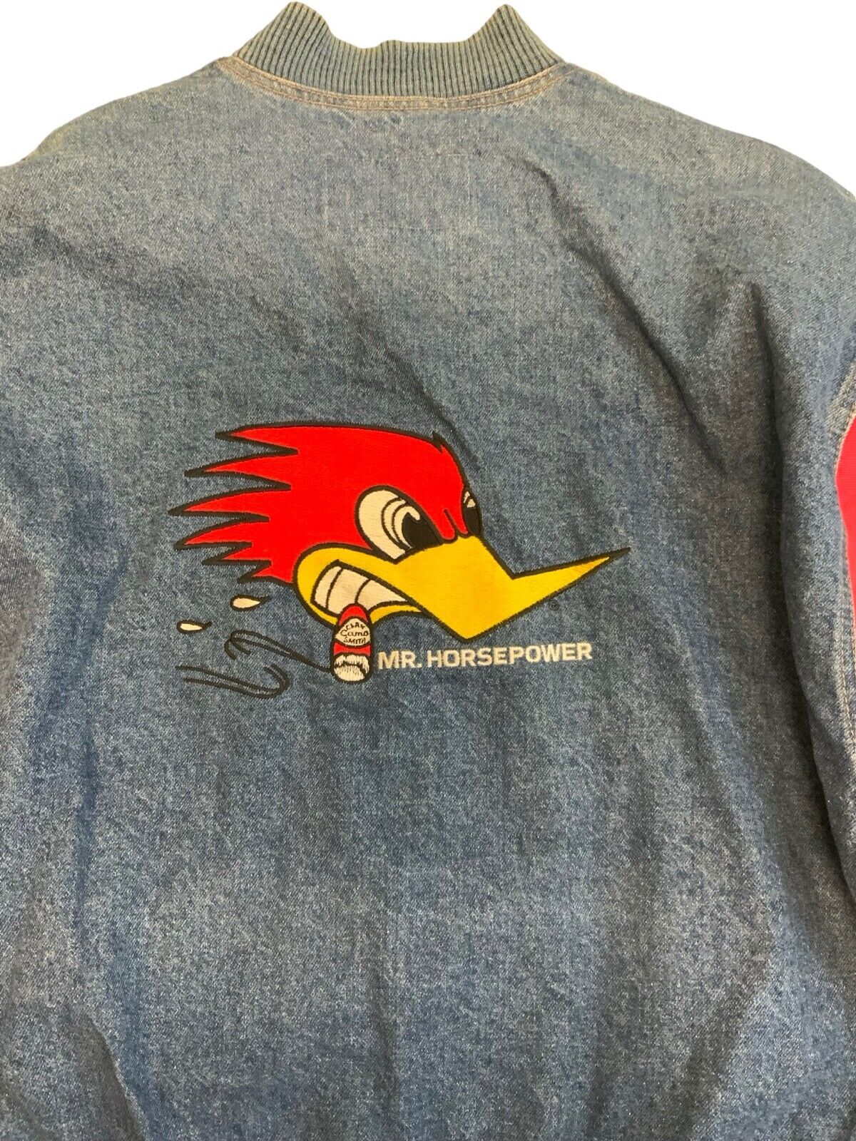 VTG 80s CLAY SMITH CAMS DENIM VARSITY JACKET HOT ROD DRAG RACING L-XL