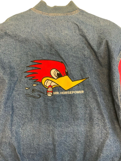 VTG 80s CLAY SMITH CAMS DENIM VARSITY JACKET HOT ROD DRAG RACING L-XL