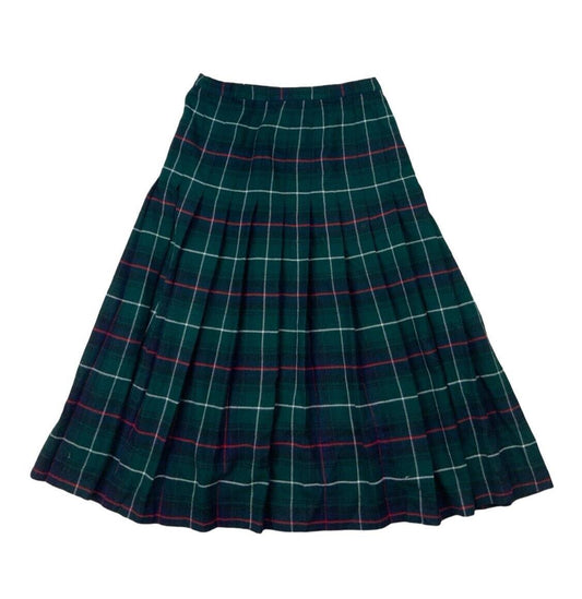 VTG 80s BURBERRYS GREEN NOVA CHECK TARTAN PLEATED KILT SKIRT SIZE S
