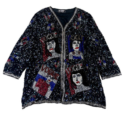 VTG 80S 90s BLACK VOGUE EMBELLISHED MULTICOLOUR SEQUIN BOLERO CARDIGAN L XL