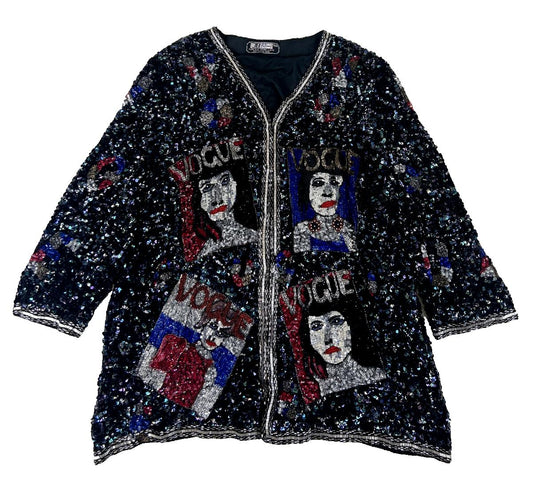 VTG 80S 90s BLACK VOGUE EMBELLISHED MULTICOLOUR SEQUIN BOLERO CARDIGAN L XL