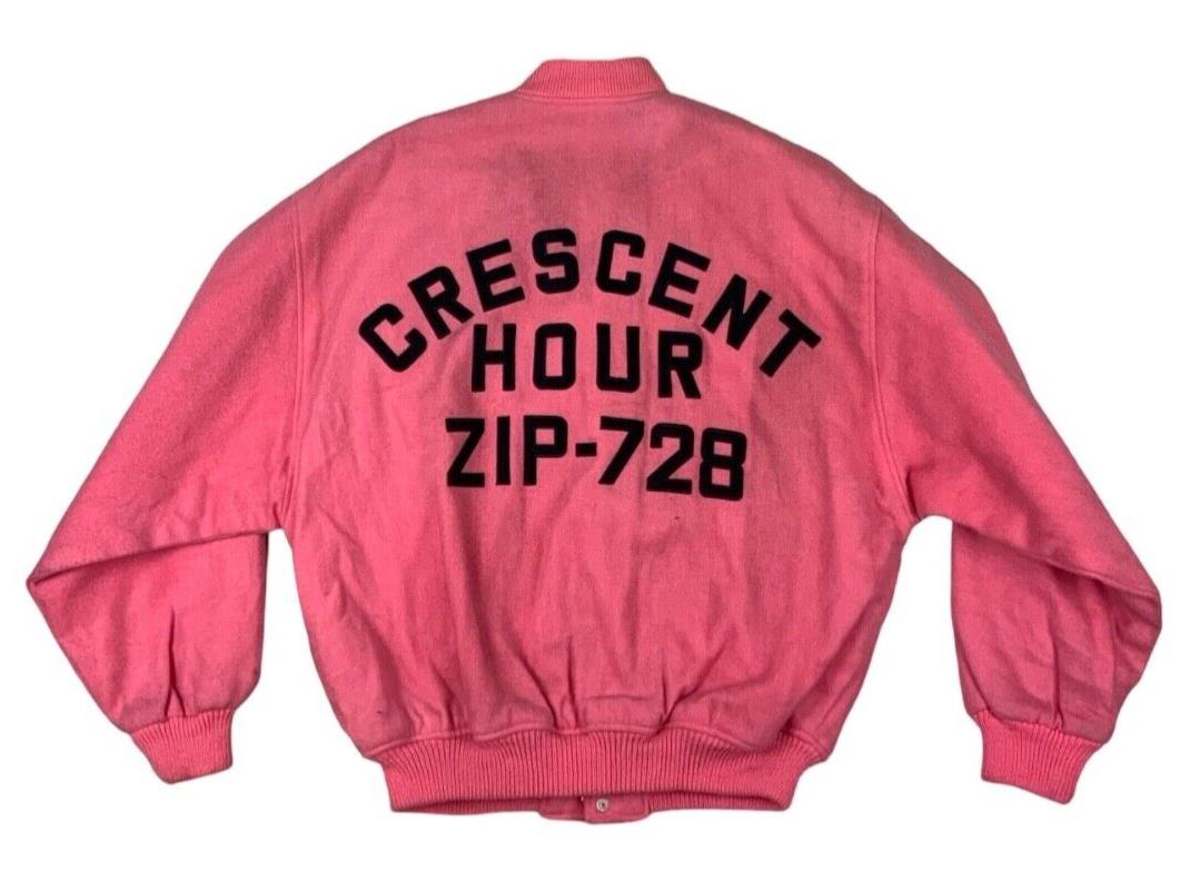 VTG PINK WOOL VARSITY JACKET CHEERLEADER CRESCENT HOUR AMERICAN FOOTBALL L 42”