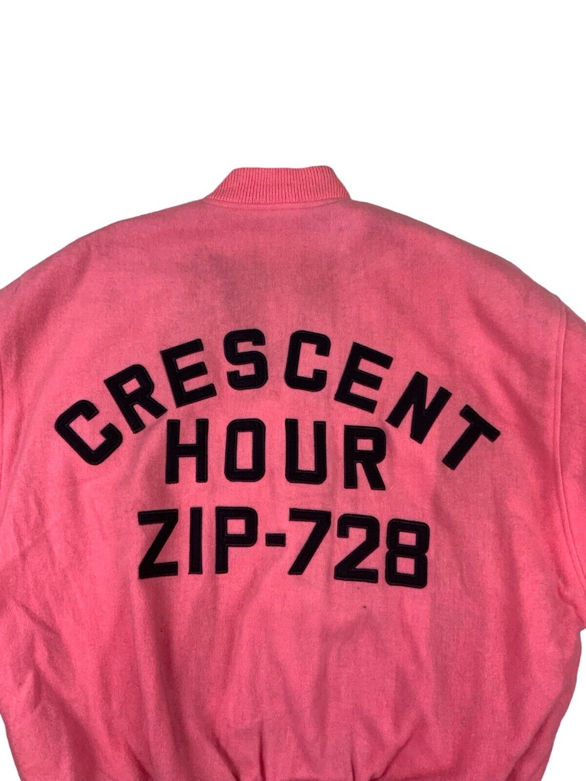 VTG PINK WOOL VARSITY JACKET CHEERLEADER CRESCENT HOUR AMERICAN FOOTBALL L 42”