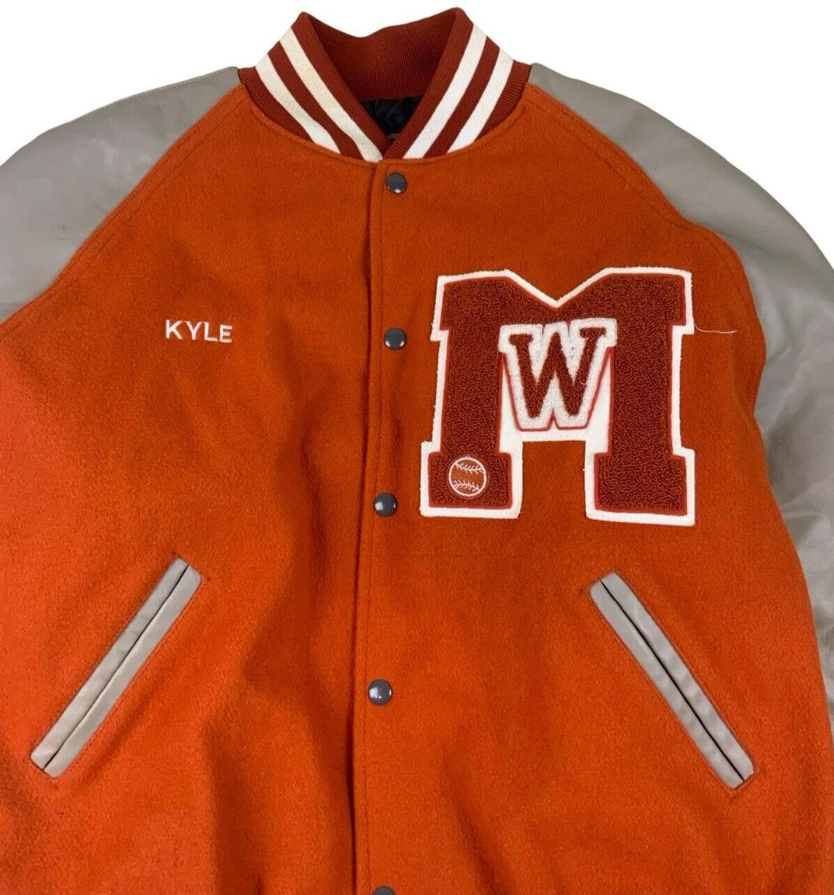VTG USA HOLLOWAY ORANGE WOOL VARSITY JACKET QUILT LINED KYLE ROCKABILLY XL 48”